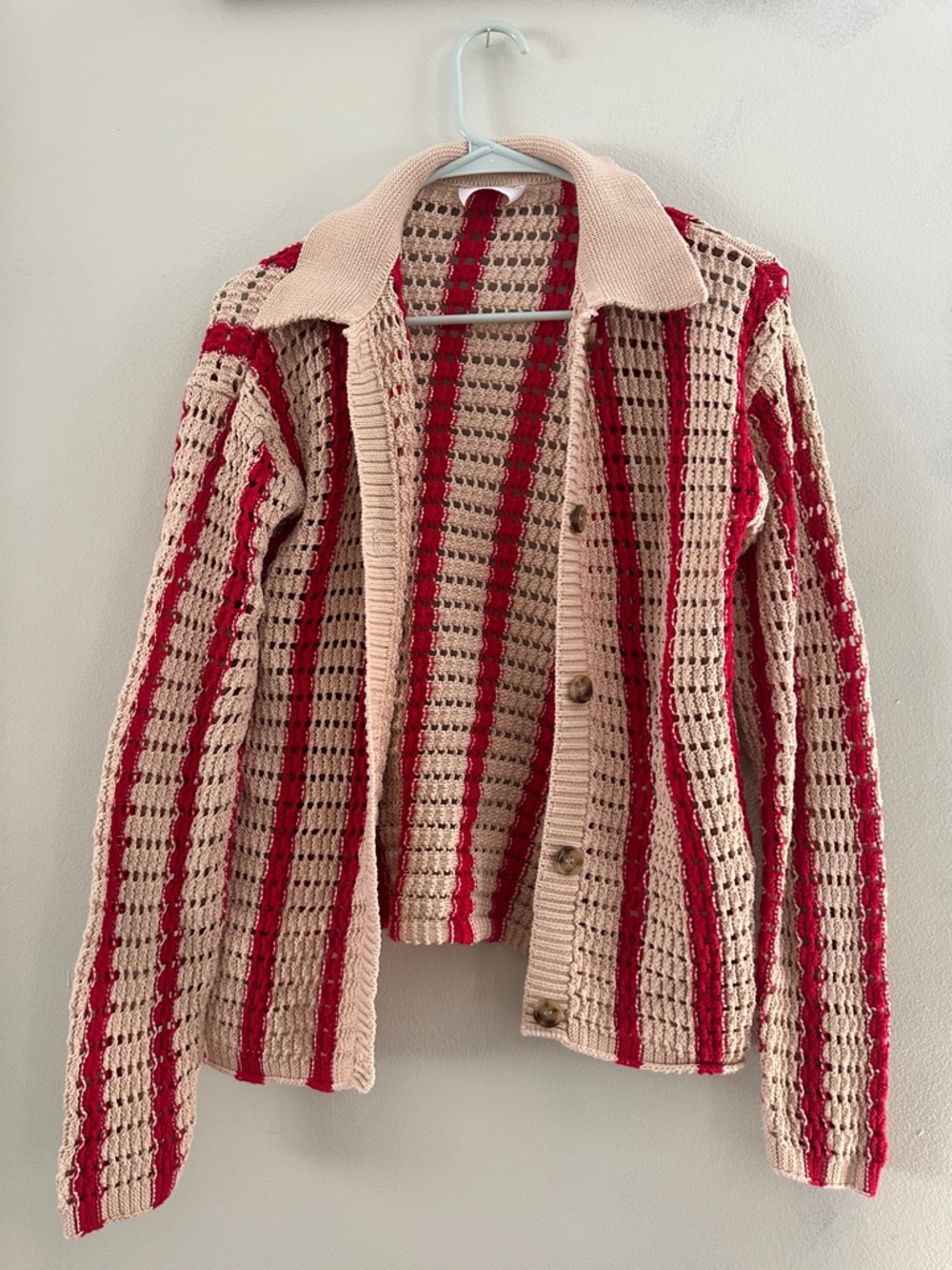 Callahan Beige and Red Striped Open-Knit Cardigan